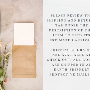 May include: A brown paper envelope with a white card inside. The envelope is sitting on a table with a vintage camera and flowers. The text on the right side of the image reads: "PLEASE REVIEW THE SHIPPING AND RETURNS TAB UNDER THE DESCRIPTION OF THIS ITEM TO FIND ITS ESTIMATED ARRIVAL. SHIPPING UPGRADES ARE AVAILABLE AT CHECK OUT. ALL GOODS ARE SHIPPED IN AN EARTH-FRIENDLY PROTECTIVE MAILER."