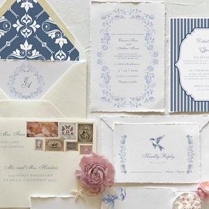 Baroque Wedding Invitation Suite, French Toile Wedding Invite, French Blue Wedding Invitation, Hand Drawn Invite, Editable Canva Template