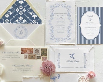 Baroque Wedding Invitation Suite, French Toile Wedding Invite, French Blue Wedding Invitation, Hand Drawn Invite, Editable Canva Template