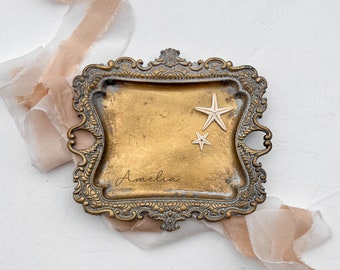 Engraved Engagement Ring Dish, Wedding Ring Dish, Ring Holder Dish, Personalized Tray, Gold Jewelry Dish, Wedding Photography Flat Lay Prop