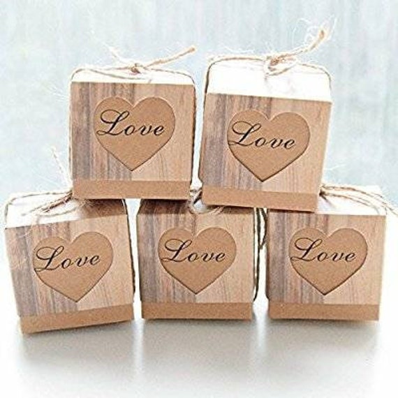 50pcs Wedding Favor Box Bonbonniere Love Rustic Kraft Candy Boxes Jute Rope