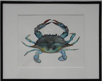 Blue Crab Watercolor Illustration- Original Art Print- Perfect for Beach House or Bathroom