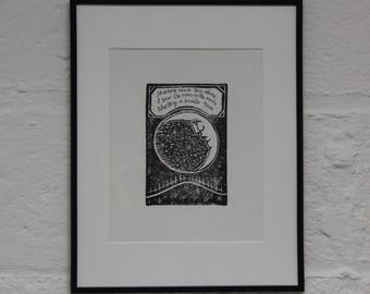 Moon Linocut Print with Nursery Rhyme- Original Art Print