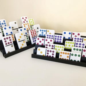 2 Domino Trays, 6 1/2&quot; Long, 4 slots, Unique 3D Printed Racks, Black, Mexican Train Game and Instructions, Tile & Family Game, Husband Gift