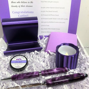 PURPLE, BLUE, PINK Office Gift Box, New Job, Congrats, Acrylic Pen/Letter Opener, 3D Printed Cell Phone Stand & Candle Holder, Personalized