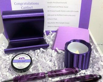 PURPLE Office Gift Box, New Job, Congrats, Acrylic Pen, Acrylic Letter Opener, 3D Printed Cell Phone Stand & Candle Holder, Personalized