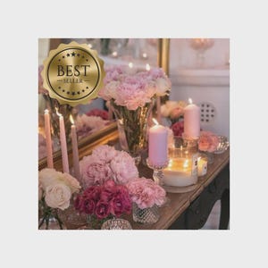 May include: A decorative display featuring pink and white flowers, lit candles, and a mirror. The arrangement includes various sizes of candles, including pillar candles and votives, and the text "BEST - SELLER" on a gold seal.