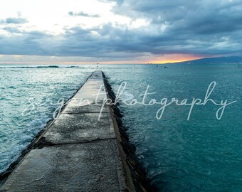 Waikiki Beach Hawaii Wall Art | Moody Ocean Photography Print | Coastal Beach Decor | Blue Tropical Printable Art