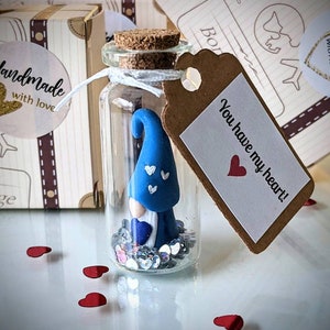 Tiny Blue Clay Gonk Gnome in Corked Glass Jar - Valentine's Gift