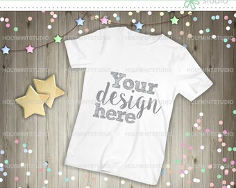 Download T Shirt Mockup Shirt Children T Shirt Mockup Digital Background Wood Background White Shirt White T Shirt Mockup Mock Up Free Logo 3d Mockups PSD Mockup Templates