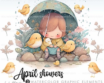 Rainy Day Clipart, April Showers Clipart, Spring Clipart, Rainy Day Vector Graphics, Watercolor Spring, Girl Clipart, Spring Clipart Vector