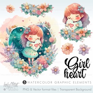 Love Clipart, Heart Clipart, Girl Clipart, Romantic Clipart, Valentine's Day Clipart, Floral Wreath Clipart, Love Graphics, Girl Graphics