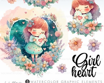 Love Clipart, Heart Clipart, Girl Clipart, Romantic Clipart, Valentine's Day Clipart, Floral Wreath Clipart, Love Graphics, Girl Graphics