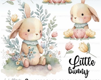 Watercolor Bunny Clipart Vector, Bunny Clipart, Bunny Graphics, Spring Bunny Clipart, Easter Clipart, Bunny Illustration, Nursery Clipart