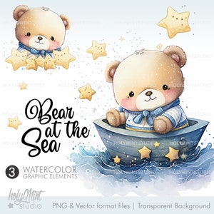 Baby Bear Clipart, Mariner Clipart, COMMERCIAL USE, Baby Shower, Nursery Art, It's a Boy, Sailor Bear Clipart, Watercolour Bear, Bear