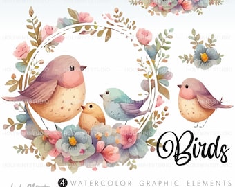 Birds Clipart, Bird Graphics, COMMERCIAL USE, Bird Frame, Bird Wreath, Spring Clipart, Spring Graphics, Watercolor Bird, Spring Birds