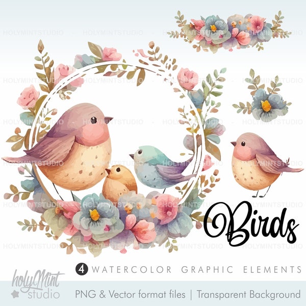 Birds Clipart, Bird Graphics, COMMERCIAL USE, Bird Frame, Bird Wreath, Spring Clipart, Spring Graphics, Watercolor Bird, Spring Birds