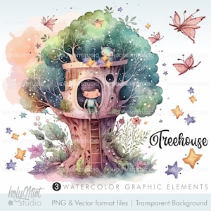 Watercolor Treehouse Clipart, Nursery Clipart, Boy Clipart, Nursery Art, Kid Illustration, Fairy House Clipart, Tree Clipart, Kid Treehouse