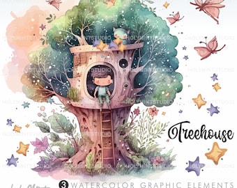 Watercolor Treehouse Clipart, Nursery Clipart, Boy Clipart, Nursery Art, Kid Illustration, Fairy House Clipart, Tree Clipart, Kid Treehouse