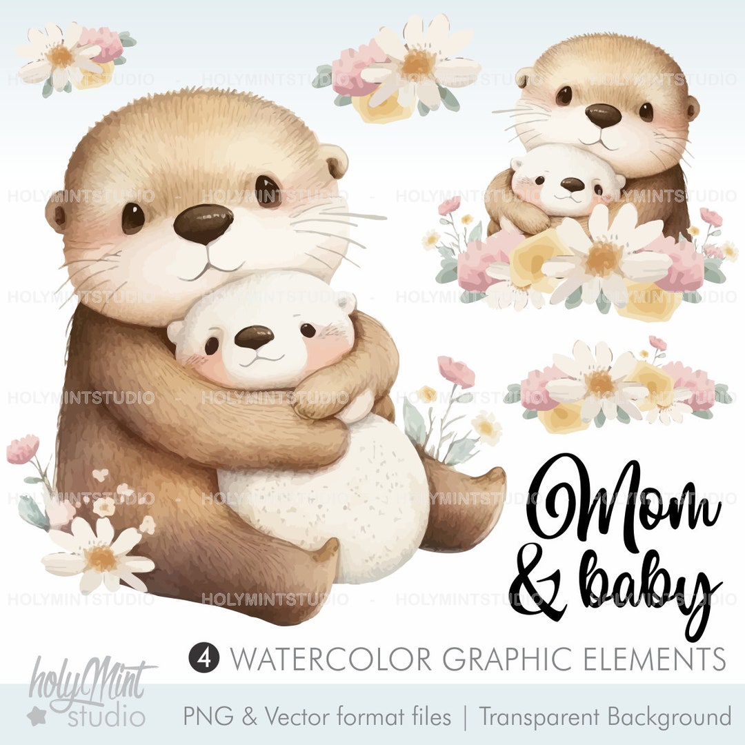 Otter Clipart, Mom and Baby, Family Clipart, Cute Otters, Otter Family