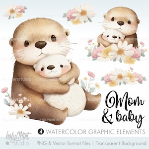 Otter Clipart, Mom and Baby, Family Clipart, Cute Otters, Otter Family, Watercolor Otter Clipart, Sea Creatures, Friends Clipart, Otter
