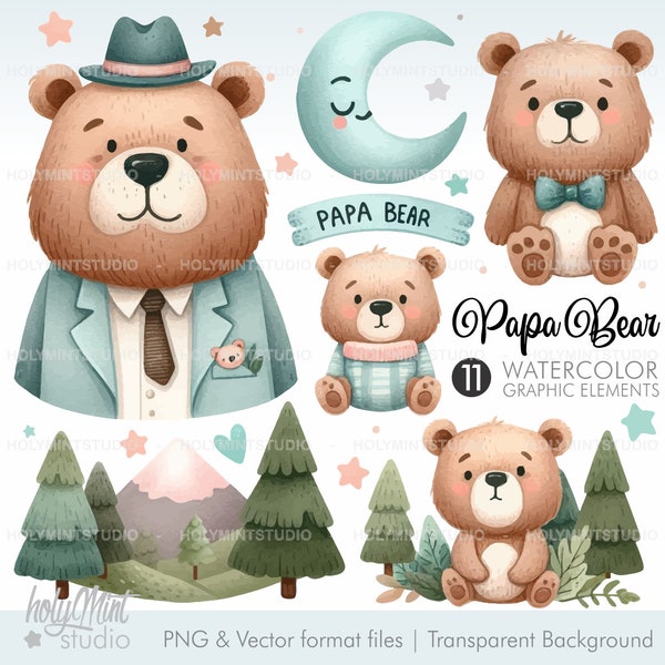 Father's Day Clipart, Bear Clipart, Dad Clipart, Watecolor Dad, Watercolor Father, Baby Bear Clipart, Dad and Baby, Woodland Bear Clipart