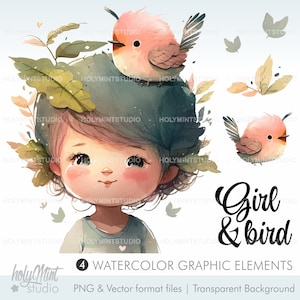 Girl and Bird Clipart, Cute Girl Clipart, Bird Clipart, Bird Graphics, Kid Clipart, Spring Clipart, Friendship Clipart, Friends Clip Art