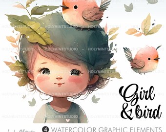 Girl and Bird Clipart, Cute Girl Clipart, Bird Clipart, Bird Graphics, Kid Clipart, Spring Clipart, Friendship Clipart, Friends Clip Art