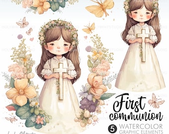 First Communion Clipart, Watercolor Clipart, Christian Clipart, Communion Characters, Religious Clipart, First Communion Clip Art, Girls