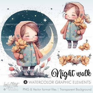 Cute Girl Clipart, Girl Vector, Girl Clipart, Night , Mystical Night Clipart, Starry Night Sky, Night Watercolor Art, Watercolor Girl, Girl