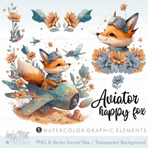 Vintage Fox, Fox Clip Art, COMMERCIAL USE, Wood Animals, Pilot Clipart, Aviator Clipart, Fox Illustrations, Kids Clipart, Aviator Fox