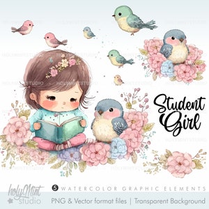 Girl Reading Clipart, Girl Clipart, Spring Girl, Schoolgirl, Student Clipart, Kids Clipart, School Kid, Bird Clipart, Girl, Floral Clipart