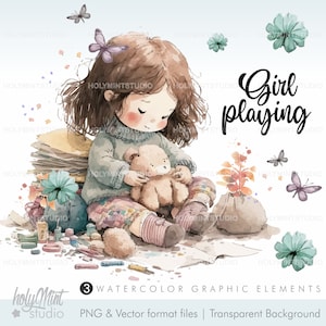 Girl Clipart, Girl Pying Clipart, Kids Playing, Watercolor Kids Clipart, Kids Being Kids, Relax Clipart, Relax Day Clipart, Girl Clip Art