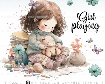 Girl Clipart, Girl Pying Clipart, Kids Playing, Watercolor Kids Clipart, Kids Being Kids, Relax Clipart, Relax Day Clipart, Girl Clip Art