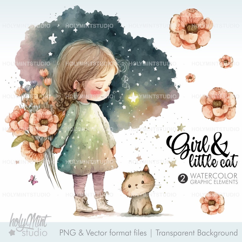 Friends Clipart, Girl and Cat Clipart, Besties Clipart, Watercolor Nursery Art, Watercolor Friends, Friends Graphics, Nursery Art Decor image 1