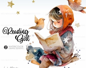 Reading Girl Clipart, Student Girl Clipart, COMMERCIAL USE, Girl Reading, Student Girl Graphics, Girl Clip Art, Student Kid, Girl Graphics