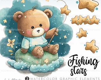 Watercolor Bear Clipart, Teddy Bear Clipart, Sky Clipart, Stars Clipart, Teddy Bear Vector, Bear PNG, Watercolor Bear Clipart, Sleepytime