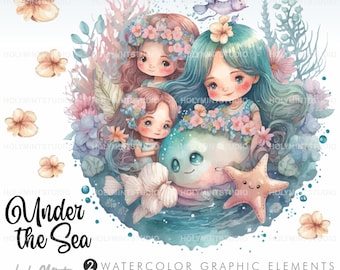 Watercolor Mermaids Clipart Vector, Mermaids Clipart, Mermaids Graphics, Under the Sea, Ocean Graphics, Princess Clipart, Ocean Clipart, Sea