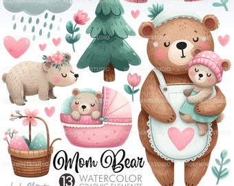 Mother's Day Clipart, Bear Clipart, Mom Clipart, Watecolor Mom, Watercolor Mother, Baby Bear Clipart, Mom and Baby, Woodland Bear Clipart