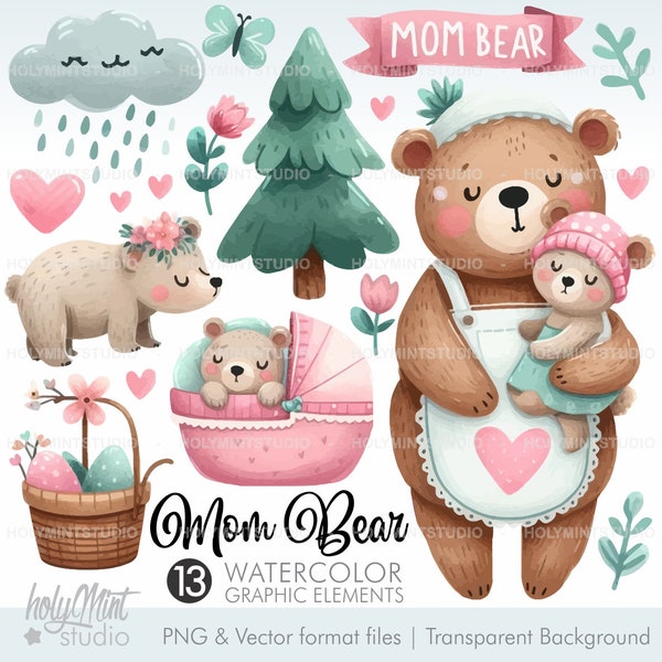 Mother's Day Clipart, Bear Clipart, Mom Clipart, Watecolor Mom, Watercolor Mother, Baby Bear Clipart, Mom and Baby, Woodland Bear Clipart