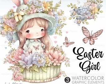 Spring Clipart, Easter Clipart, Easter Girl Clipart, Spring Graphics, Spring Girl Clipart, Floral Clipart, Watercolor, Easter Girl Clip Art