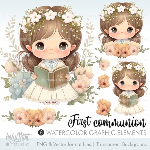 First Communion Clipart, Watercolor Clipart, Christian Clipart, Communion Characters, Religious Clipart, First Communion Clip Art, Girls