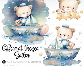 Baby Bear Clipart, Mariner Clipart, Baby Shower, Nursery Art, It's a Boy, Sailor Bear Clipart, Watercolor Bear, Bear, COMMECIAL USE, Bears