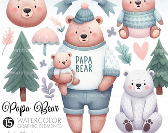 Father's Day Clipart, Bear Clipart, Dad Clipart, Watecolor Dad, Watercolor Father, Baby Bear Clipart, Dad and Baby, Woodland Bear Clipart
