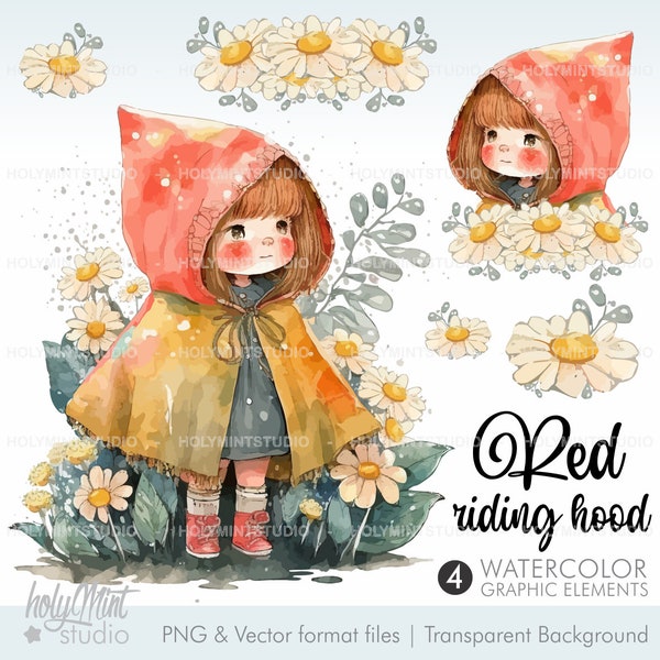 Red Riding Hood Clipart, Fairytale Clipart, Forest Clipart, Little Red Riding Hood Graphics, Red Riding Hood Party, Red Riding Hood Vector
