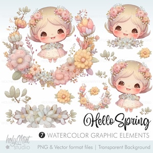 Girl Clipart, Spring Clipart, Spring Graphics, Spring Girl Clipart, Spring Decor, Kids Clipart, Floral Wreath, Floral Clipart, Cute Girl