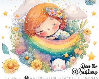 Girl over the Rainbow Clipart, Watercolor Girl Clipart, Rainbow Clipart, Girl Clip Art, Nursery Art Decor, Nursery Clipart, Spring Clipart