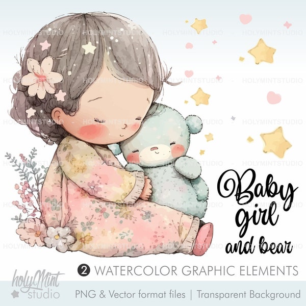 Baby Girl and Bear Clipart, Friends Clipart, Best Friends Clipart, Besties Clipart, Little Girl Clipart, Watercolor Girl Clipart, Girl