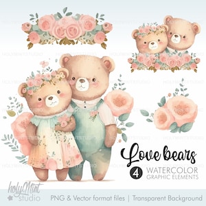 Anniversary Clipart, Valentine's Day Clipart, Bears Vector, Love Vector, Love Clipart, Bears Clipart, Bear Illustrations, Floral Clipart