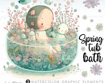 Spring Bathtub Clipart, Spring Clipart, Friends Clipart, Best Friends Clipart, Nursery Art Decor, Spring Clip Art, Spring Watercolor